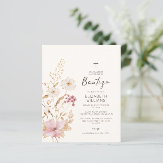 Invitación de Flores Silvestres para Bautizo (Staand voorkant)