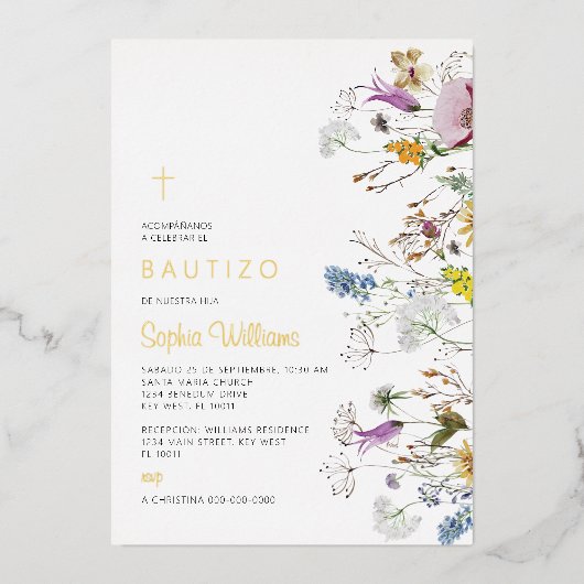 Invitación de Flores Silvestres para Bautizo Folie Uitnodiging (Voorkant)