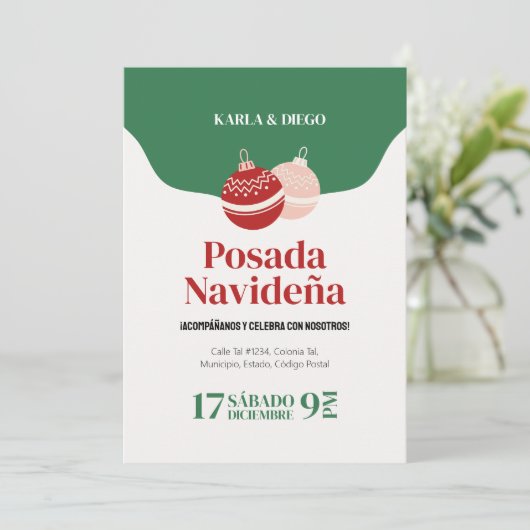 Invitación de Posada Navideña con Esferas Kaart (Staand voorkant)