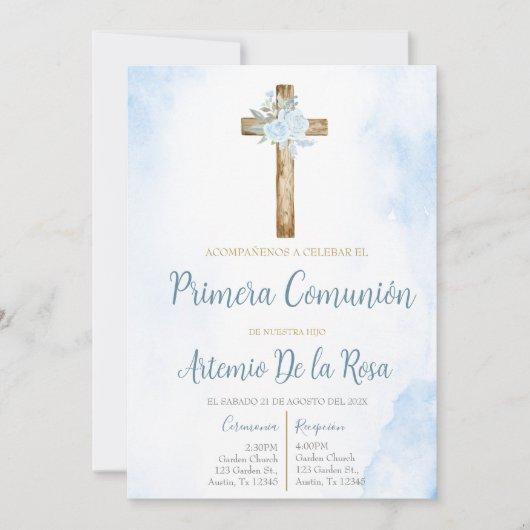 Invitación de primera comunión floral azul kaart (Voorkant)