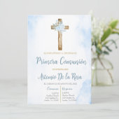 Invitación de primera comunión floral azul kaart (Staand voorkant)