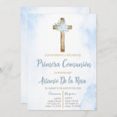 Invitación de primera comunión floral azul kaart (Voorkant / Achterkant)