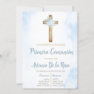Invitación de primera comunión floral azul kaart