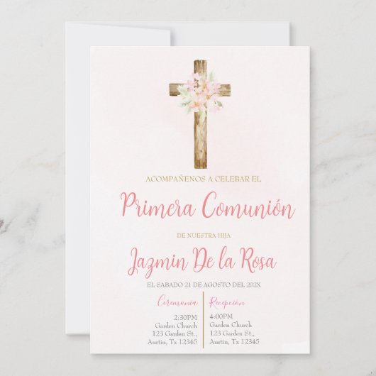 Invitación de primera comunión floral rosa kaart (Voorkant)