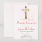 Invitación de primera comunión floral rosa kaart (Voorkant / Achterkant)