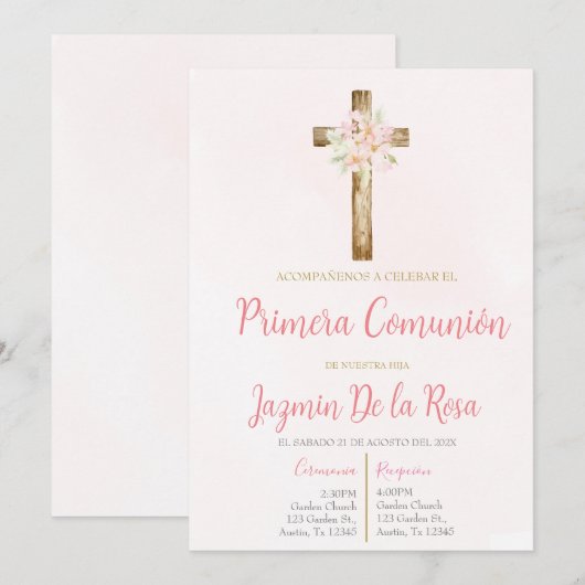 Invitación de primera comunión floral rosa kaart (Voorkant / Achterkant)