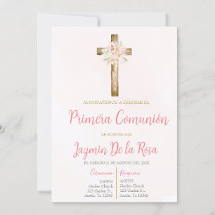 Invitación de primera comunión floral rosa kaart
