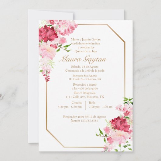 Invitación de quinceañera con marco rosa kaart (Voorkant)
