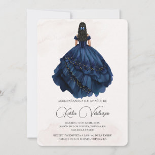 Invitación de quinceañera con vestido azul marino kaart