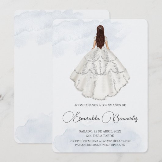 Invitación de quinceañera con vestido blanco kaart (Voorkant / Achterkant)