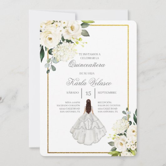 Invitación de quinceañera con vestido blanco kaart (Voorkant)