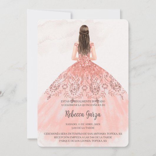 Invitación de quinceañera con vestido kleur rosa kaart (Voorkant)