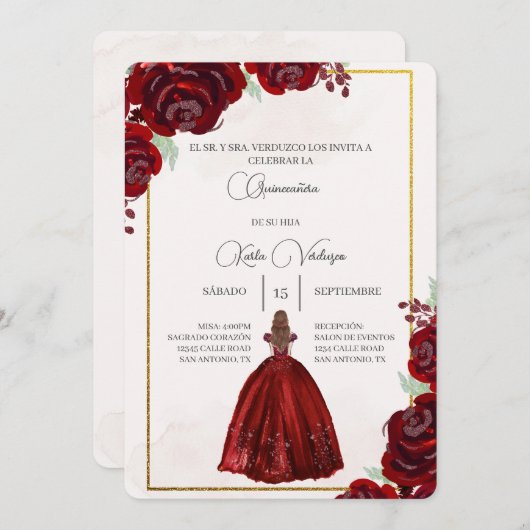 Invitación de quinceañera con vestido rojo kaart (Voorkant / Achterkant)