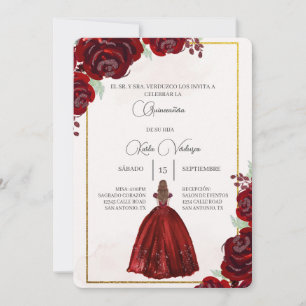 Invitación de quinceañera con vestido rojo kaart