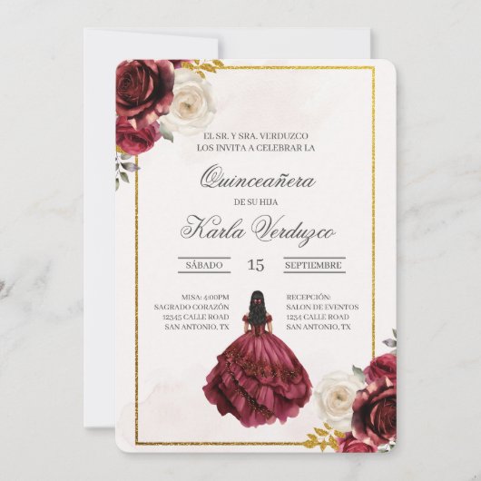 Invitación de quinceañera con vestido rojo kaart (Voorkant)