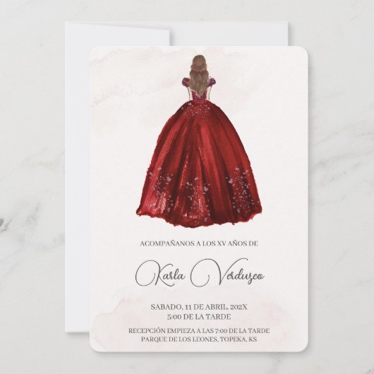 Invitación de quinceañera con vestido rojo kaart (Voorkant)