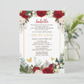 Invitación de Quinceañera en Español Flores Rojas Kaart (Staand voorkant)