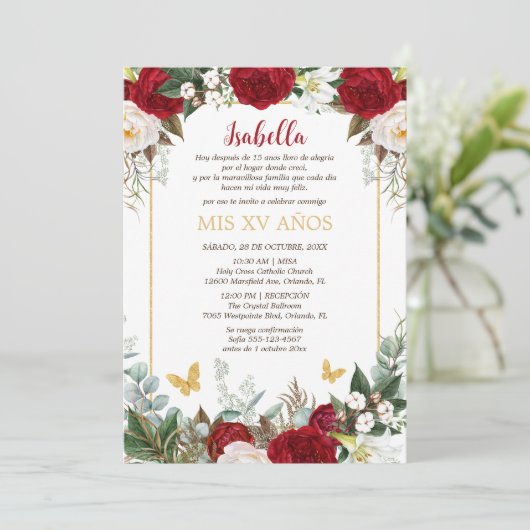 Invitación de Quinceañera en Español Flores Rojas Kaart (Staand voorkant)