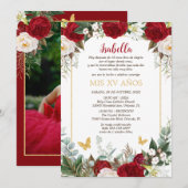 Invitación de Quinceañera en Español Flores Rojas Kaart (Voorkant / Achterkant)