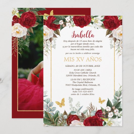 Invitación de Quinceañera en Español Flores Rojas Kaart (Voorkant / Achterkant)