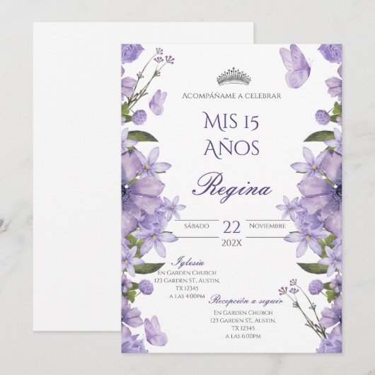 Invitación de Quinceañera flores moradas Kaart (Voorkant / Achterkant)