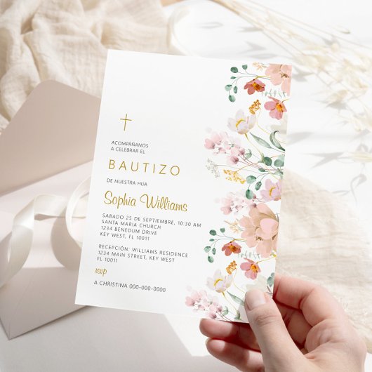 Invitación de Rosa Flores Silvestres para Bautizo Kaart