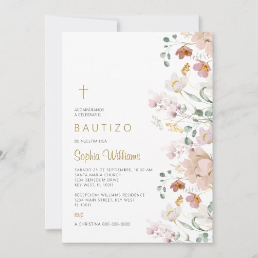 Invitación de Rosa Flores Silvestres para Bautizo Kaart (Voorkant)