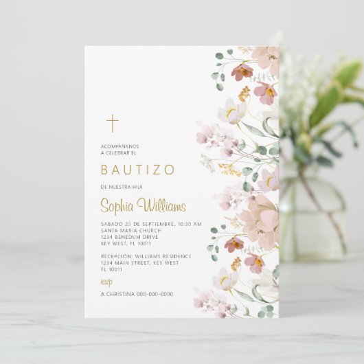 Invitación de Rosa Flores Silvestres para Bautizo Kaart (Staand voorkant)