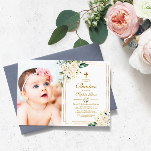 Invitación de Rosas Blancas para Bautizo Kaart