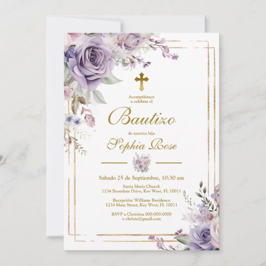 Invitación de Rosas Moradas para Bautizo Kaart (Voorkant)