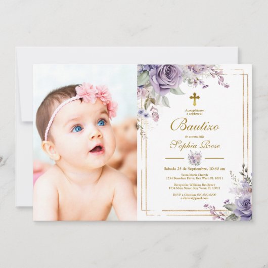 Invitación de Rosas Moradas para Bautizo Kaart (Voorkant)