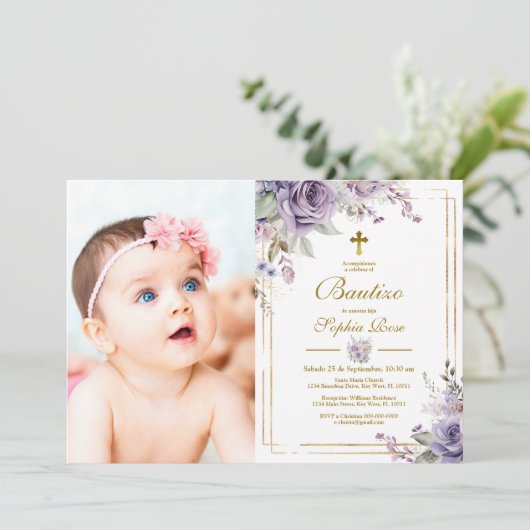 Invitación de Rosas Moradas para Bautizo Kaart (Staand voorkant)