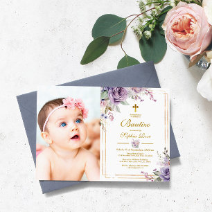 Invitación de Rosas Moradas para Bautizo Kaart