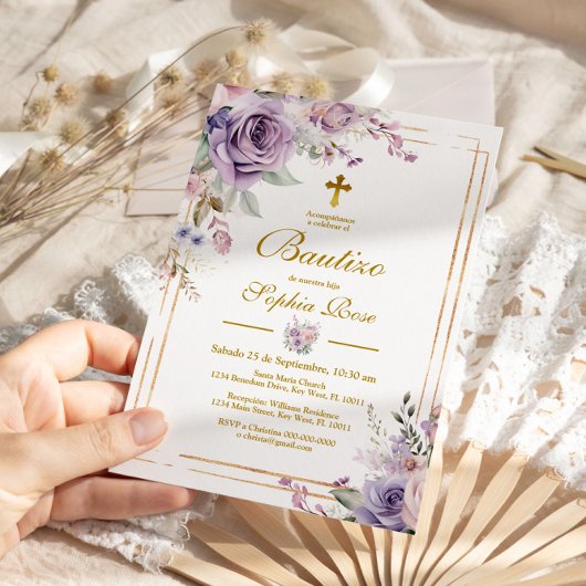 Invitación de Rosas Moradas para Bautizo Kaart