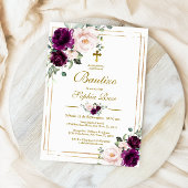 Invitación de Rosas Moradas para Bautizo Kaart