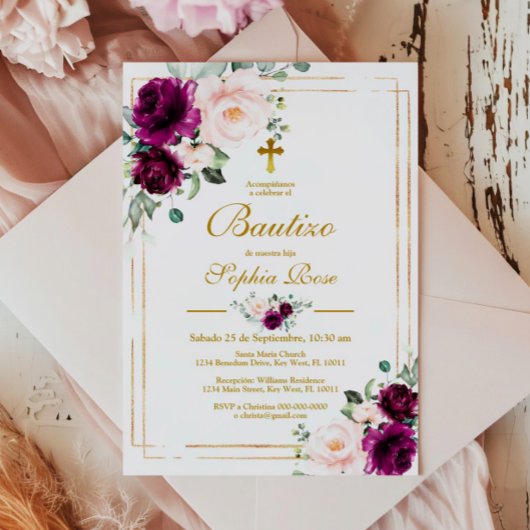 Invitación de Rosas Moradas para Bautizo Kaart