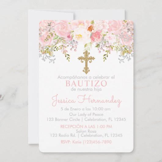 Invitación de Rosas para Bautizo de niña Kaart (Voorkant)