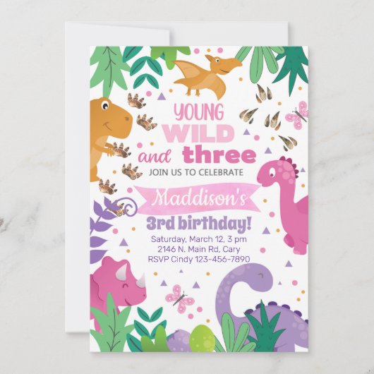 Invitación Dinosaurs girl birthday invitation dino Kaart (Voorkant)