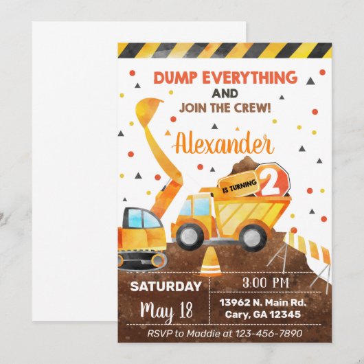 Invitación Dump everything, truck boy birthday inv Kaart (Voorkant / Achterkant)