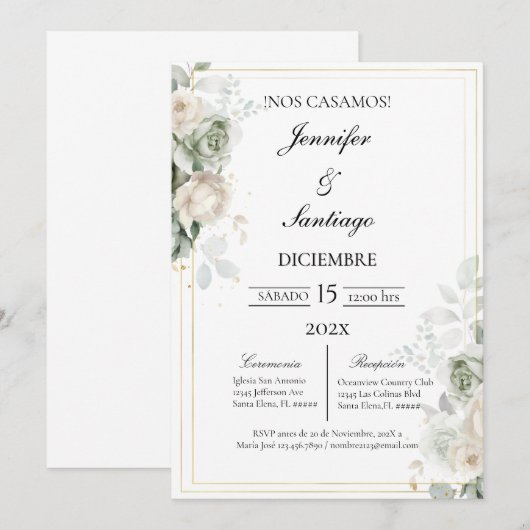 Invitación elegante con flor blanca para boda kaart (Voorkant / Achterkant)