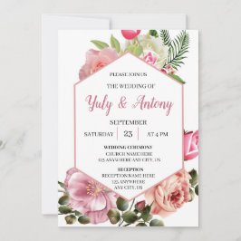 Invitación elegante de boda floral rosa con blanco kaart