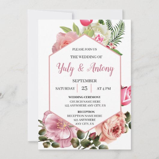 Invitación elegante de boda floral rosa con blanco kaart (Voorkant)