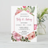 Invitación elegante de boda floral rosa con blanco kaart (Staand voorkant)