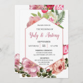 Invitación elegante de boda floral rosa con blanco kaart (Voorkant / Achterkant)