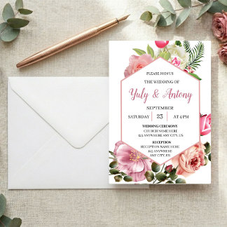 Invitación elegante de boda floral rosa con blanco kaart