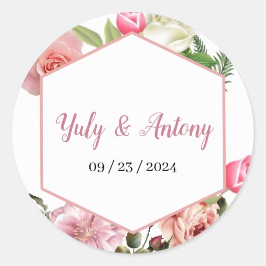 Invitación elegante de boda floral rosa con blanco ronde sticker (Voorkant)