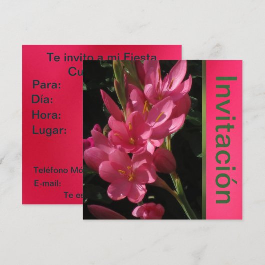 Invitación - Fiesta de Cumpleaños - Rosa Kaart (Voorkant / Achterkant)