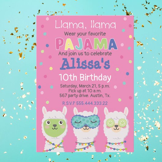Invitación FIESTA de pijama de Lama, pijamada, spa Kaart