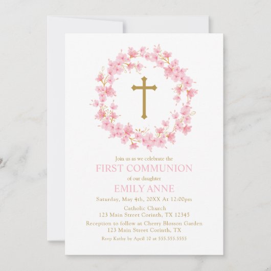 Invitación First Communion Cherry Blossom floral I Kaart (Voorkant)