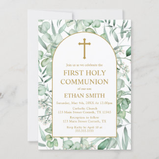 Invitación First Communion Eucalyptus leaves Kaart